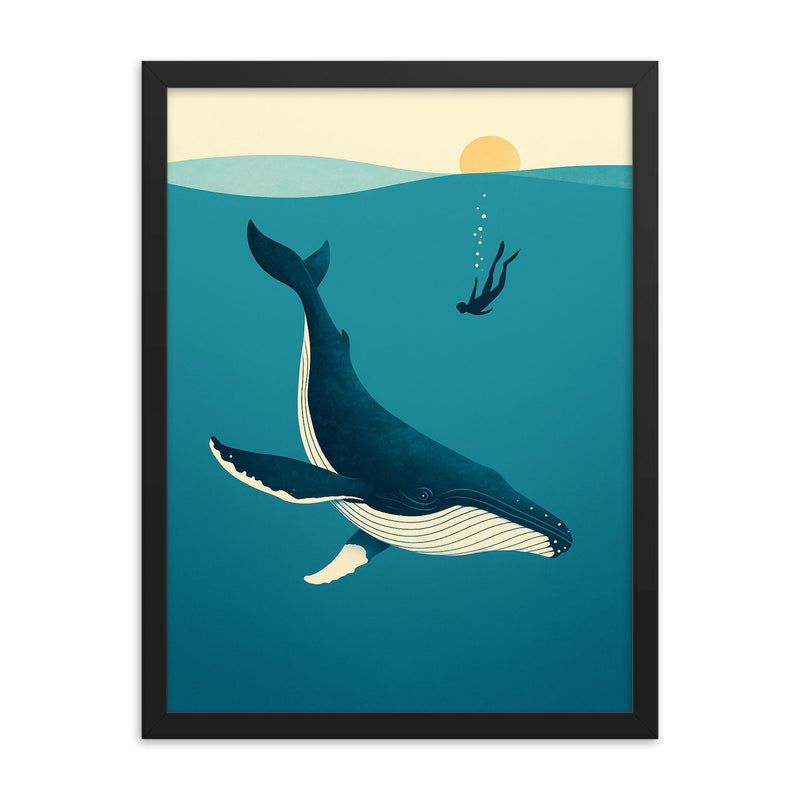 Blue Whale with Diver Minimalist Art framed print on a plain backdrop in size 18