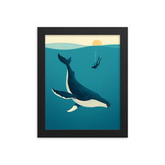 Blue Whale with Diver Minimalist Art framed print on a plain backdrop in size 8"x10".