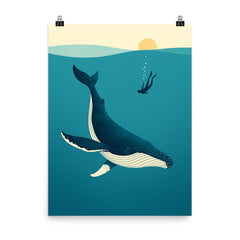 Blue Whale with Diver Minimalist Art poster on a plain backdrop in size 8"x10".