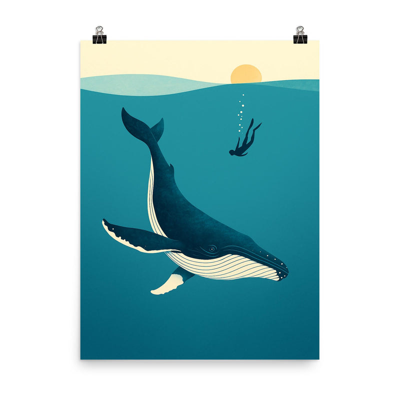 Blue Whale with Diver Minimalist Art poster on a plain backdrop in size 8