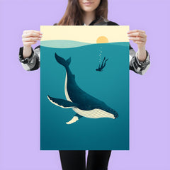Blue Whale with Diver Minimalist Art poster 3