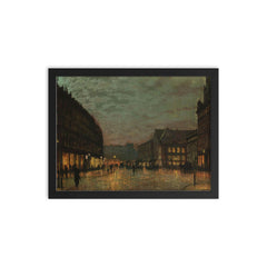 Boar Lane Leeds by Lamplight by John Atkinson Grimshaw, 1881 framed print on a plain backdrop in size 12"x16".
