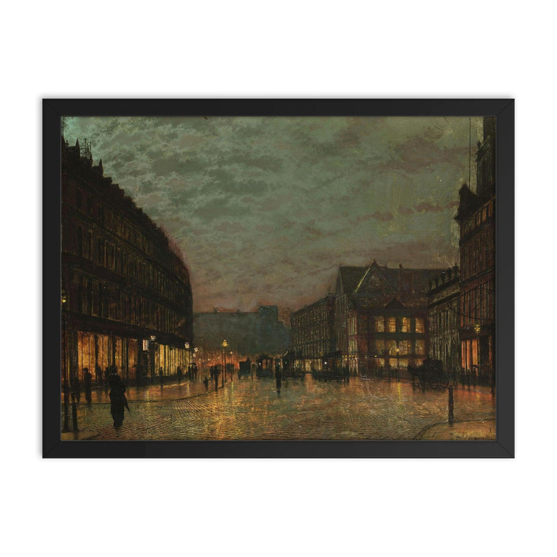 Boar Lane Leeds by Lamplight by John Atkinson Grimshaw, 1881 framed print on a plain backdrop in size 18