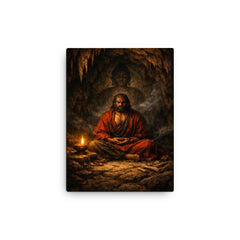 Bodhidharma cave meditation with single lamp canvas print on a plain backdrop in size 12"x16".