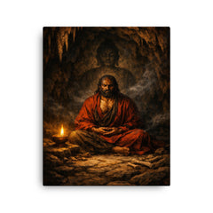 Bodhidharma cave meditation with single lamp canvas print on a plain backdrop in size 16"x20".