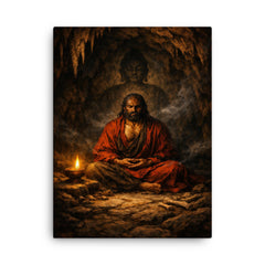 Bodhidharma cave meditation with single lamp canvas print on a plain backdrop in size 18"x24".
