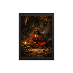 Bodhidharma cave meditation with single lamp framed print on a plain backdrop in size 12"x16".
