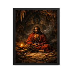 Bodhidharma cave meditation with single lamp framed print on a plain backdrop in size 16"x20".