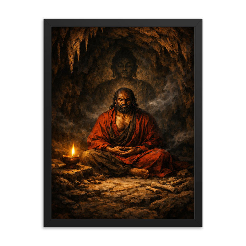 Bodhidharma cave meditation with single lamp framed print on a plain backdrop in size 18