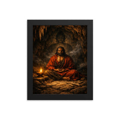Bodhidharma cave meditation with single lamp framed print on a plain backdrop in size 8"x10".