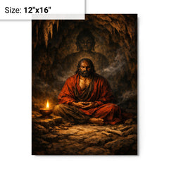 Bodhidharma cave meditation with single lamp metal print on a plain backdrop in size 12"x16".