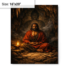 Bodhidharma cave meditation with single lamp metal print on a plain backdrop in size 16"x20".