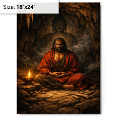 Bodhidharma cave meditation with single lamp metal print on a plain backdrop in size 18"x24".