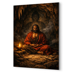 Bodhidharma cave meditation with single lamp metal print mockup