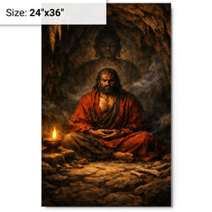 Bodhidharma cave meditation with single lamp metal print on a plain backdrop in size 24"x36".