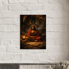 Bodhidharma cave meditation with single lamp metal print mockup