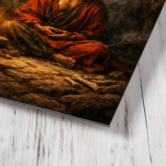Bodhidharma cave meditation with single lamp metal print mockup