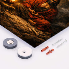 Bodhidharma cave meditation with single lamp metal print mockup