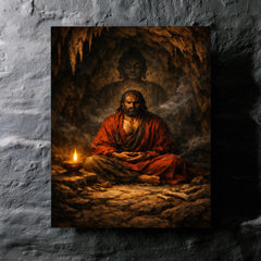 Bodhidharma cave meditation with single lamp metal print mockup