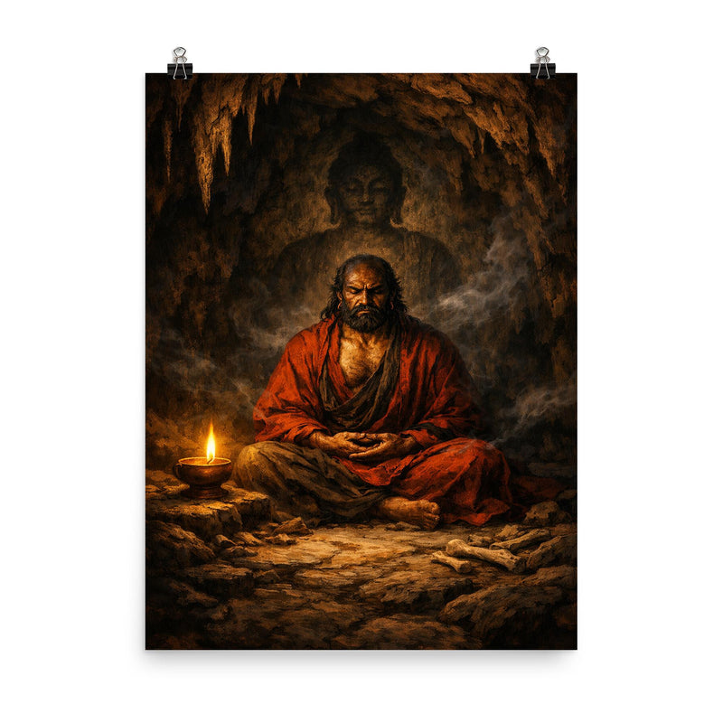 Bodhidharma cave meditation with single lamp poster on a plain backdrop in size 8