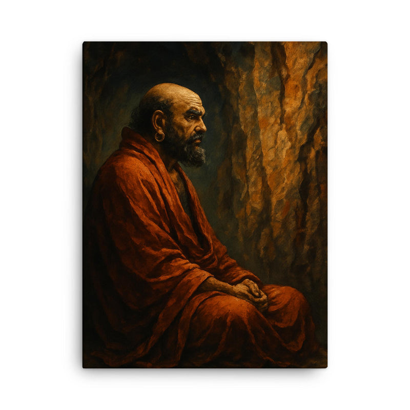 Bodhidharma facing the cave wall canvas print on a plain backdrop in size 18