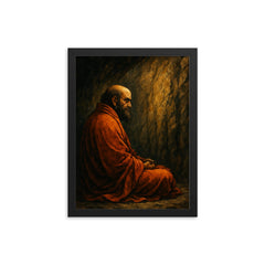 Bodhidharma facing the cave wall framed print on a plain backdrop in size 12"x16".