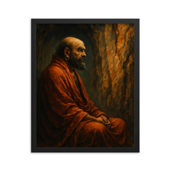Bodhidharma facing the cave wall framed print on a plain backdrop in size 16"x20".