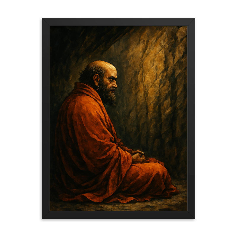 Bodhidharma facing the cave wall framed print on a plain backdrop in size 18