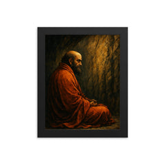 Bodhidharma facing the cave wall framed print on a plain backdrop in size 8"x10".