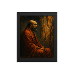 Bodhidharma facing the cave wall framed print on a plain backdrop in size 8"x10".