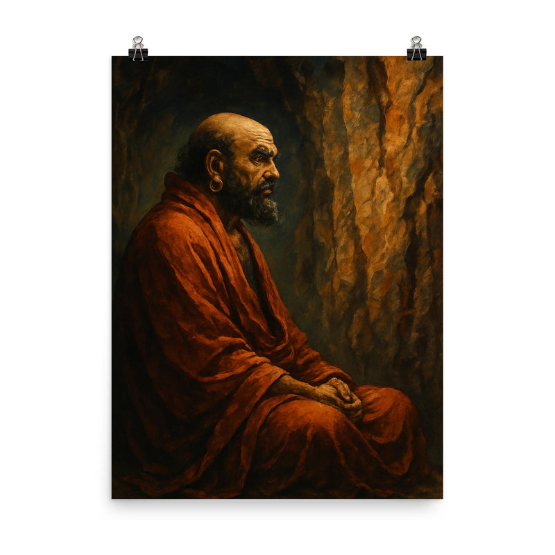 Bodhidharma facing the cave wall poster on a plain backdrop in size 8
