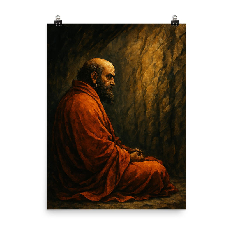 Bodhidharma facing the cave wall poster on a plain backdrop in size 8