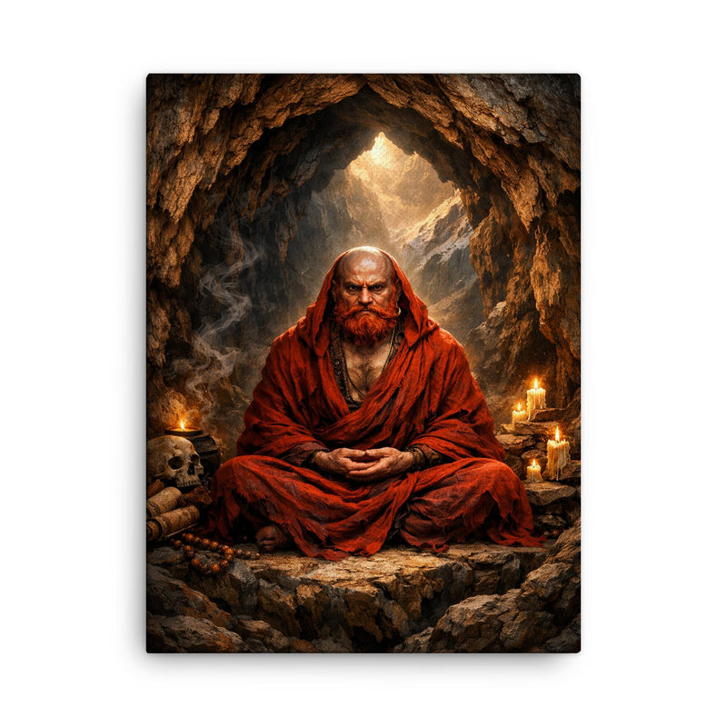 Bodhidharma red bearded cave meditation canvas print on a plain backdrop in size 18