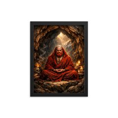 Bodhidharma red bearded cave meditation framed print on a plain backdrop in size 12"x16".
