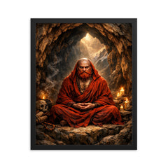 Bodhidharma red bearded cave meditation framed print on a plain backdrop in size 16"x20".