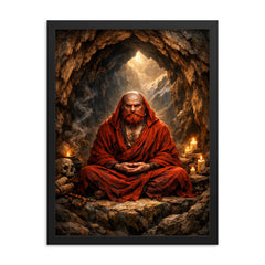 Bodhidharma red bearded cave meditation framed print on a plain backdrop in size 18"x24".