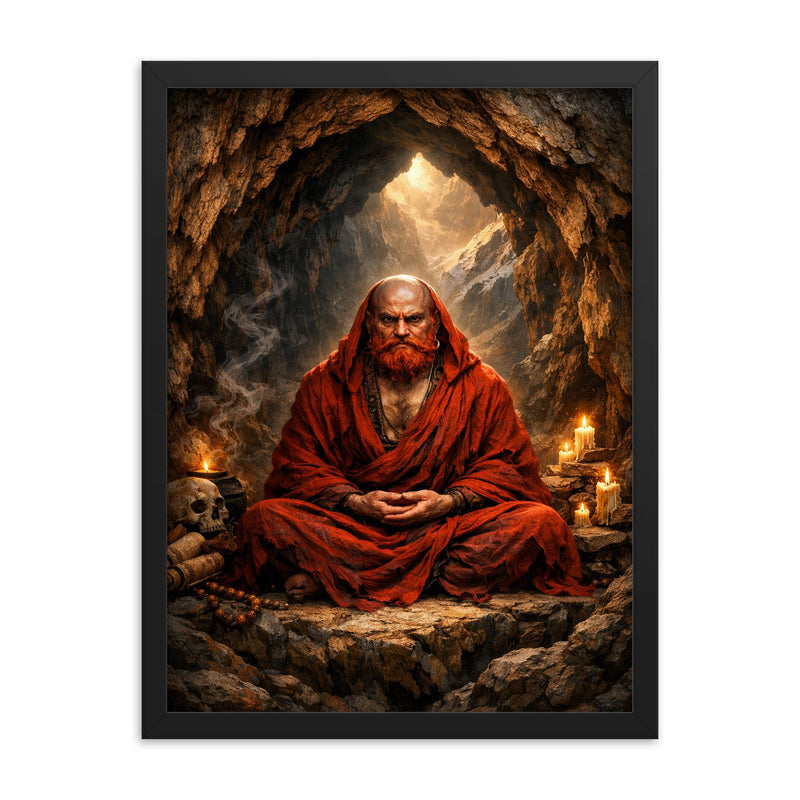 Bodhidharma red bearded cave meditation framed print on a plain backdrop in size 18