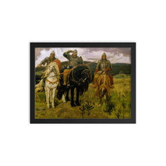Bogatyri by Viktor Mikhailovich Vasnetsov, 1898 framed print on a plain backdrop in size 12"x16".