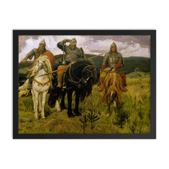 Bogatyri by Viktor Mikhailovich Vasnetsov, 1898 framed print on a plain backdrop in size 18"x24".
