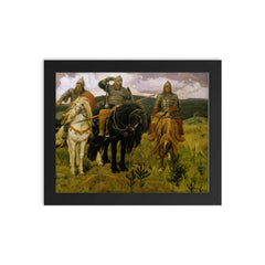Bogatyri by Viktor Mikhailovich Vasnetsov, 1898 framed print on a plain backdrop in size 8"x10".