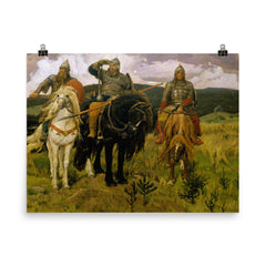Bogatyri by Viktor Mikhailovich Vasnetsov, 1898 poster on a plain backdrop in size 8"x10".
