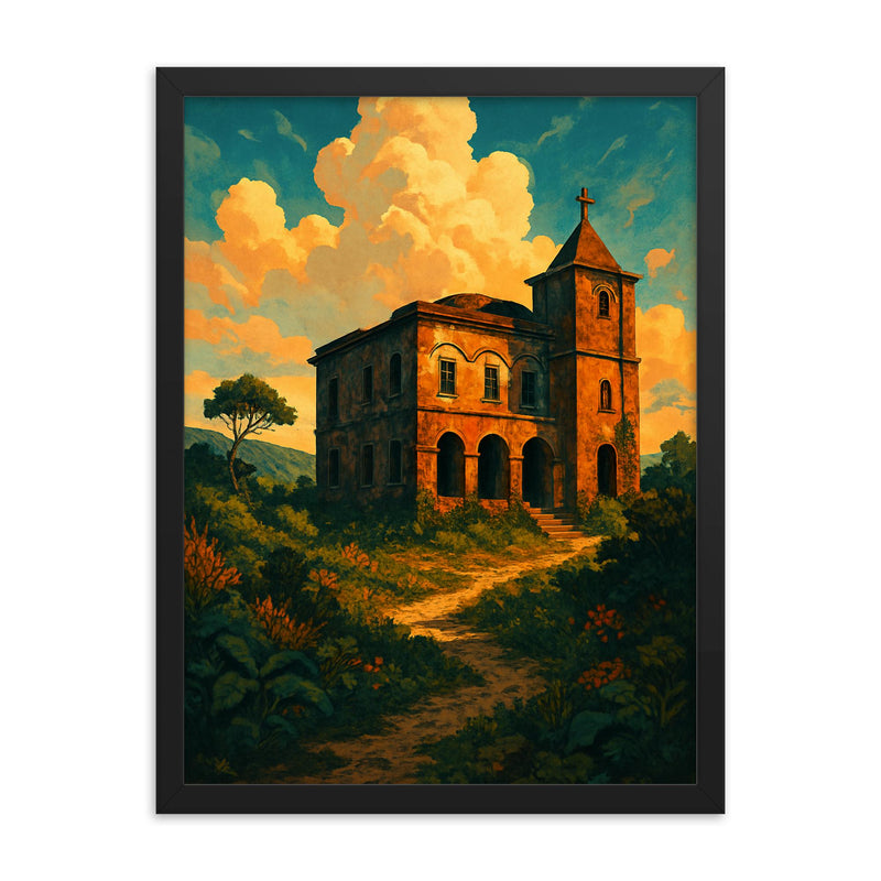 Bokor Hill Station Cambodia framed print on a plain backdrop in size 18