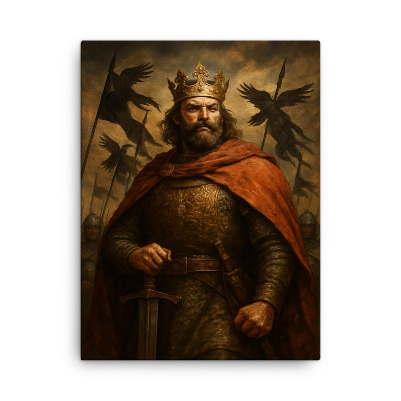 Boleslaw Chrobry crowned with raven banners canvas print on a plain backdrop in size 18