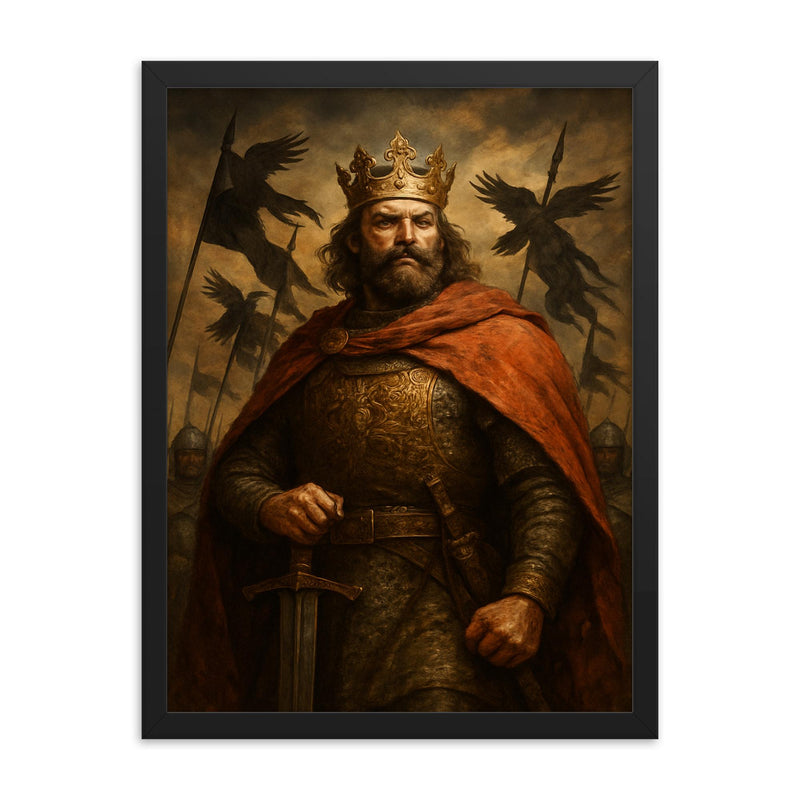 Boleslaw Chrobry crowned with raven banners framed print on a plain backdrop in size 18