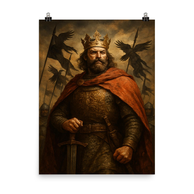 Boleslaw Chrobry crowned with raven banners poster on a plain backdrop in size 8