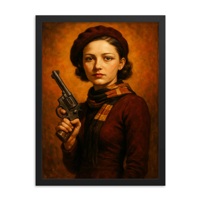 Bonnie Parker framed print on a plain backdrop in size 18