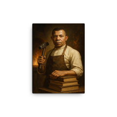 Booker T Washington forge and books portrait canvas print on a plain backdrop in size 12"x16".
