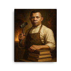 Booker T Washington forge and books portrait canvas print on a plain backdrop in size 16"x20".