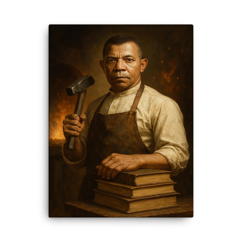 Booker T Washington forge and books portrait canvas print on a plain backdrop in size 18