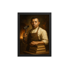 Booker T Washington forge and books portrait framed print on a plain backdrop in size 12"x16".
